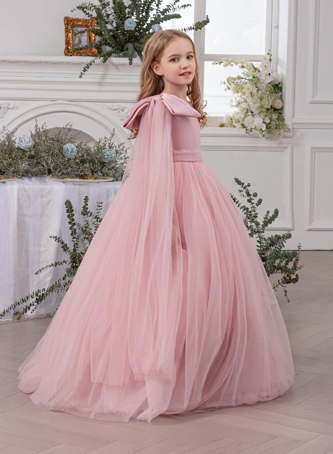 تايك تو فستان طويل بناتي شبكي وردي بكتف واحد - Image 4